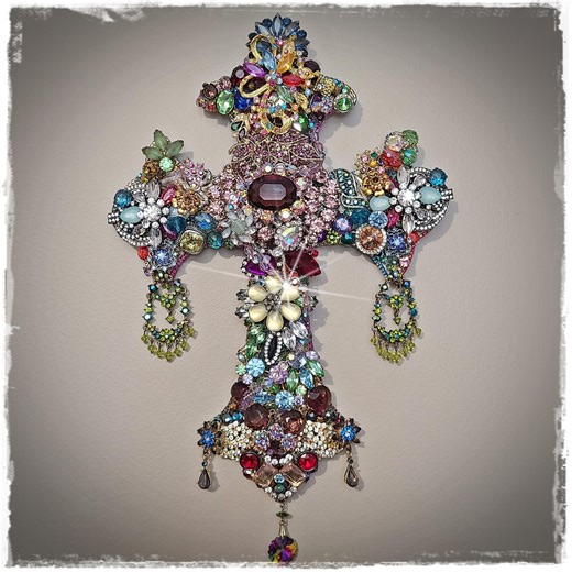STUNNING JEWELED CROSS - Wall Mount, Vintage Jewels-gems-gemstones-preciosa-czech Crystals, Large 13x8, Exquisite Heirloom Family Treasure - Etsy