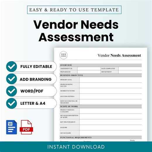 Vendor Needs Assessment Template – Word & PDF, A4   US Letter - Etsy