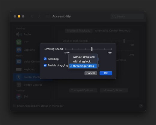 Three-finger drag allows dragging in iOS Simulators instead of using click+drag. To me, this makes a big difference during testing! 1. Open up Accessibility 2. Select Pointer Control 3. Click… | 🚀 Antoine van der Lee