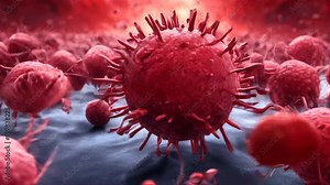 A detailed microscopic view of red viruses, showing their spiked surfaces, highlighting the complexity and danger of viral pathogens