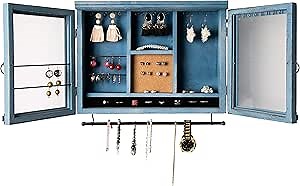 Cabinet Jewelry Organizer – Wall Mounted Jewelry Holder with Removable Bracelet Rod, Shelf, Earrings Wire Mesh, 32 Hooks & Barn Doors – Perfect Earrings, Necklaces and Bracelets Holder - Rustic Blue