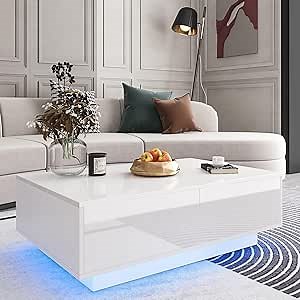 HOMMPA LED Coffee Table for Living Room White Coffee Table with 4 Drawers High Glossy Modern Center Table with Storage Sofa Side Cocktail Table with 16 Colors LED Lights