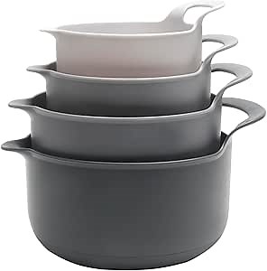 COOK WITH COLOR Nesting Plastic Mixing Bowl Set with Pour Spouts and Handles, Grey, 4 Piece Non-Slip