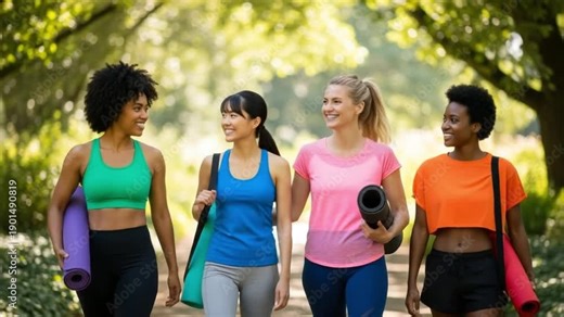 Group of diverse young women walking together in the park with yoga mats