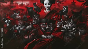 Circus performers and animals merge in a surreal, blood-red landscape. Monochromatic figures of zebras, elephants, and costumed entertainers create an eerie, dreamlike atmosphere.