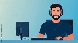 A smiling man wearing headphones sits at a computer desk