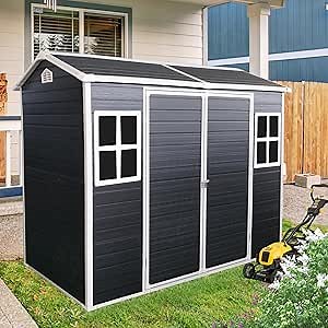 LANTRO JS Outdoor Storage Shed, 4x8ft Resin Shed with Floor Included with 2 Windows and Lockable Door for Garden Tools, Bike