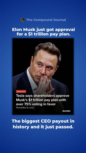 Tesla shareholders just approved Elon Musk’s record-breaking $1 trillion pay package. 75% voted in favor, one of the largest compensation plans ever seen. #Tesla #ElonMusk #StockMarket #FinanceNews #Tech | The Compound Journal | Facebook