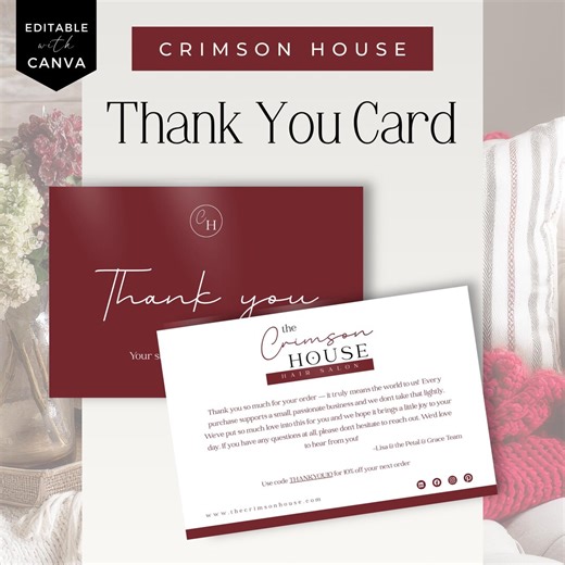 Thank You Card Canva Template, Editable Client Card for Salon Owners - Crimson House - Etsy