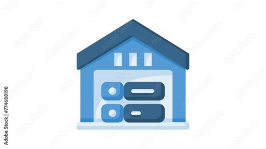 Animated on premise with illustration of a server connected and warehouse. Isolated useful for computer, network, technology, internet, server, database, connection and cloud computing design element