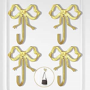 4 PCS Large Size Gold Bow Wall Hook, Gold Coat Hook, Metal Hooks, Bow Room Decor Hooks for Coats, Hats, Bags, Bath Towels and Girls Room Decor