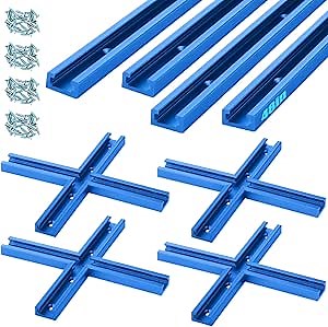 Zonon 4 Set 48'' T Track for Woodworking and T Track Intersection Kit with Predrilled Mounting Holes Wood Screw Double Cut Profile Universal T Track Accessory Aluminum T Rail Track Woodworking Tool