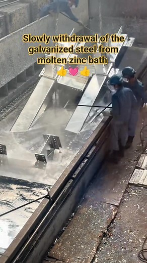 Withdrawing galvanized steel slowly from a molten zinc bath is a common practice in the hot-dip galvanizing process.👍💓💓 #zinc #galvanized #manufacturing #fabrication #machine #process #steel #fabrication | Alfredo Abella Jr.