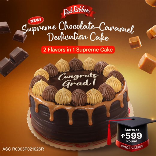 Double the graduation celebration with the NEW Supreme Chocolate-Caramel Dedication Cake! 🍫🍯 Starts at only Php 599. Price varies. ASC R0003P021026R | Red Ribbon Bakeshop