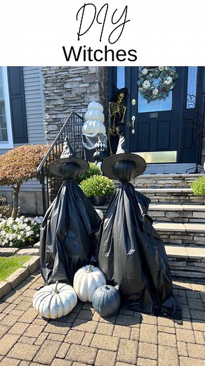 Rachael Jacovino on Instagram: "DIY Witches 🧙‍♀️ The tomato cage ghosts were so easy I had to give the witches a try. All you need is: -a tomato cage -8” styrofoam ball -zip tie -2 rectangular black table cloths -a witches hat #halloween #halloweendecor #halloweendiy #diyprojects #witch #witchdecor #easydiy #halloweendecorations #spookyseason #diy #trickortreat Halloween diy, Halloween decor"