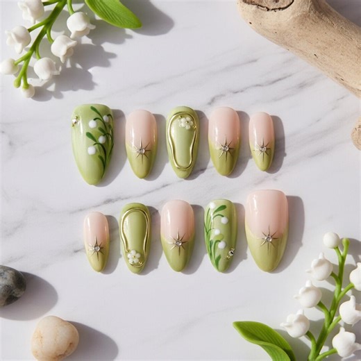 Spring Green Press on Nails With Floral & Gold Line Art, Handmade Elegant Nail Art - Etsy