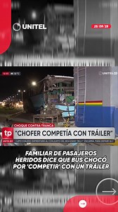 ”La flota iba como en competencia con otro tráiler, uno le pasaba otro le pasaba y así. Andaban en competencia. Querían ganar, (saber) cuál de los dos llegaba primero”, aseguró la familiar de tres pasajeros heridos en el choque al retén de Guapilo, en la carretera que une Santa Cruz de la Sierra con Cotoca. #Unitel #UnitelDigital #Retén #Bus #Tráiler | UNITEL