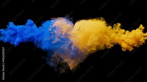3D animation of blue and yellow smoke turning into a heart shape. With Alpha Channel. When blue and yellow smoke move towards each other, the smoke collides and mixes, forming a heart shape.
