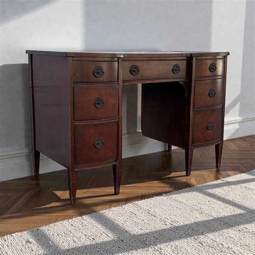 Vintage Mahogany Vanity Desk | Federal Revival Leather Top Writing Desk | Classic Kneehole Desk | Colonial Revival Furniture | Solid Wood - Etsy