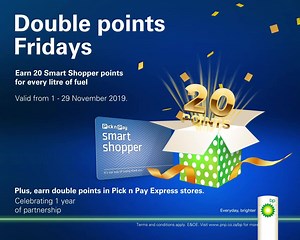 It’s BP and Pick n Pay Smart Shopper’s first anniversary and we’re having a points party at the pump! Come celebrate with DOUBLE points Fridays, that’s 20 Smart Shopper points per litre of fuel every Friday in November. PLUS earn double points in Pick n Pay Express stores. Don’t miss out, come and pump up your points from 1 – 29 November. Ts&Cs apply | bp