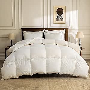 BPC Lightweight Organic Feather Down Comforter Oversized Queen, Hotel Luxury Duvet Insert with 100% Cotton Cover and Puffy Feather Down Filling, for Summer/Hot Sleepers, White, 98x98 Inches