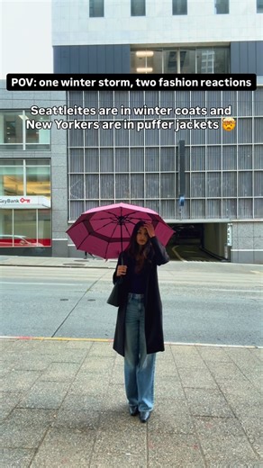 Meghna Reddy on Instagram: "Hope everyone’s safe and warm out there 🤗🥶❄️ Seattle usually defaults to puffers because our weather can’t make up its mind. But with the storm settling in, winter coats are suddenly having a moment here. 🧥 Meanwhile in NYC, where winter coats usually reign supreme, it’s full puffer season! Same storm. Different instincts. Fashion irony?! 🤔 #seattle #snowstorm #fashion #weather #newyorkfashion . . . . [New York fashion, winter storm, snow, puffer jackets, lifestyl