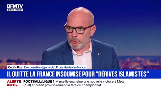 📺 Cédric Brun, ex-conseiller régional LFI, dénonce des "dérives islamistes" dans le parti. Ce conseiller régional des Hauts-de-France, dont je ne partage pas, par ailleurs, les opinions, a fait un choix courageux, en témoignant publiquement ce soir. Cette situation n’est pas nouvelle, s’est accélérée après le 7 octobre 2023, et devrait prendre un tour inquiétant lors des prochaines municipales, notamment dans certaines villes de banlieue. | Matthias Renault