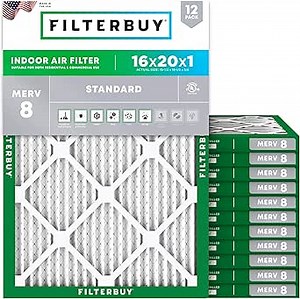 Filterbuy 16x20x1 Air Filter MERV 8 Essential Dust & Allergy Defense (12-Pack), Electrostatic Pleated HVAC AC Furnace Filters Replacement (Actual Size: 15.50 x 19.50 x 0.75)