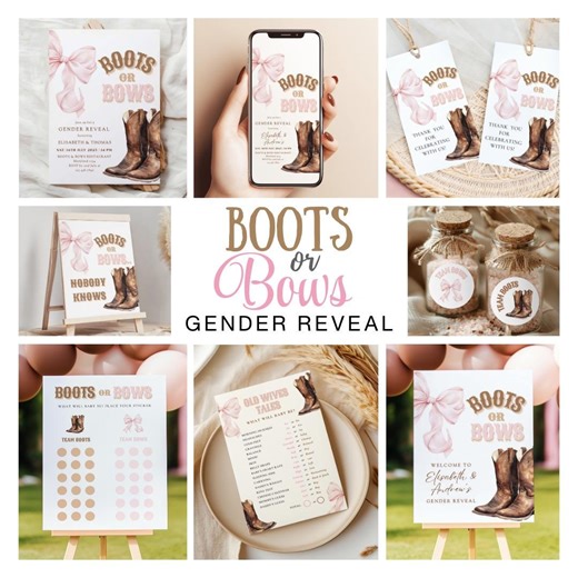 Boots or Bows Gender Reveal BUNDLE Pink and Brown Western Theme Editable Digital Bundle Boy or Girl Will Be Instant Download Canva Template - Etsy