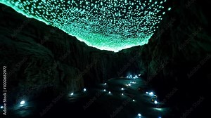 A mystical view inside a glowworm cave, where thousands of tiny, glowing insects create a starry sky-like effect on the cavern ceiling.