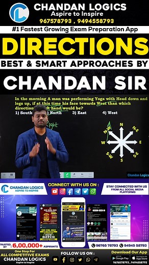 DIRECTION BEST SHORTCUT TRICKS FOR SSC, BANK, RAILWAY, APPSC, TSPSC AND ALL OTHER COMPETITIVE EXAMS "Direction Best Shortcut Tricks for SSC, Bank, Railway, APPSC, TSPSC, and More" Directions are a crucial part of logical reasoning and are frequently featured in various entrance exams. This topic demands analytical and logical skills to tackle the questions. Mastering 'Directions' is the key to scoring well in your exams. Join us to simplify this complex topic and boost your chances of success. #