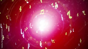 Music notes, treble clef, flat and sharp symbols flying Loop swirl background. 4K 3D Jazz music studio Animation. Sound recording notes. Music Awards, Dance Party, VJ Shows, DJ Party, Stage Shows.