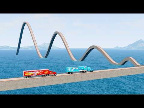 Impossible Groving Wave Bridge Crossing Mack Truck & Dinoco Truck & Cars Vs Deep Water -BeamNG.Drive