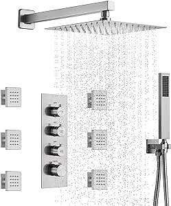 Shower System with Body Jets: EVERSTEIN Thermostatic Luxury Shower Faucet Set Wall Mounted 12 Inch High Pressure Rain Shower Head with Handheld Sprayer and 6 Massage Body Jets, Brushed Nickel