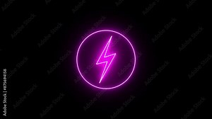 Purple neon lightning bolt, glowing sign. Neon battery charging power symbol, lightning bolt sign in the circle