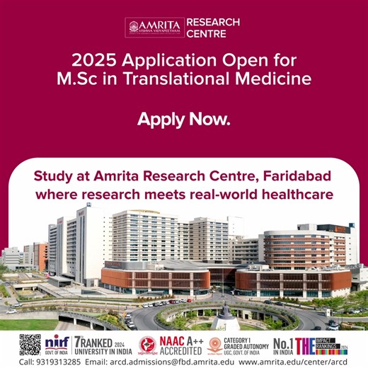 Transform Healthcare: Master Translational Medicine at Amrita! Bridge the gap between research and patient care with Amrita’s PG program in Translational Medicine. Gain hands-on experience, industry exposure, and the skills to innovate in medical applications. Enroll now and revolutionize healthcare! Apply Now | Amrita Vishwa Vidyapeetham | Facebook