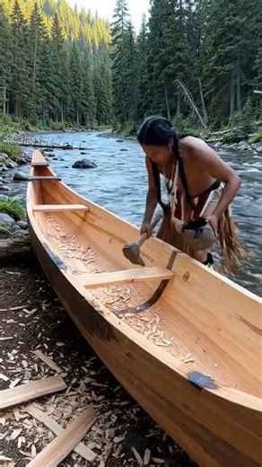 man building a wooden boat completely from scratch near a river