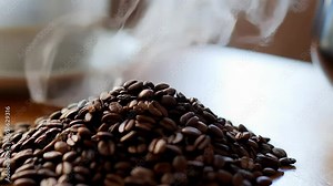A cozy shot of freshly ground coffee beans being pour-over method, showcasing the rich aroma and steam rising.