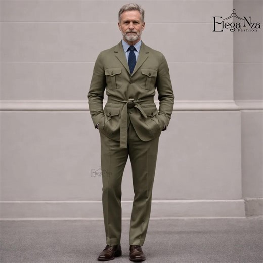 Men's Safari Suit Custom Tailored | Olive Green Safari Suit for Men | Handmade Belted Formal Safari Suit by Elena - Etsy