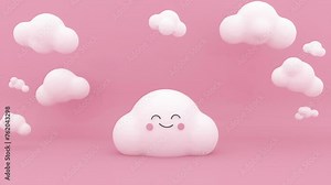 A cute 3d white cloud in the center with a smiley face bouncing and pretty white clouds appear and disappear on a pink background. Pink sky full of clouds. Concept of minimal style. Stock Video