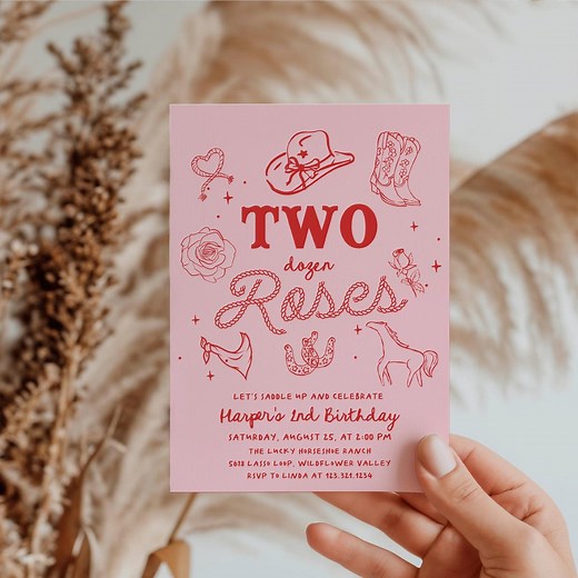 Two Dozen Roses Cowgirl 2nd Birthday Invitation - Pink and Red Western Rodeo Party Template - Hand Drawn Girl’s Second Birthday Invite#ye2 - Etsy