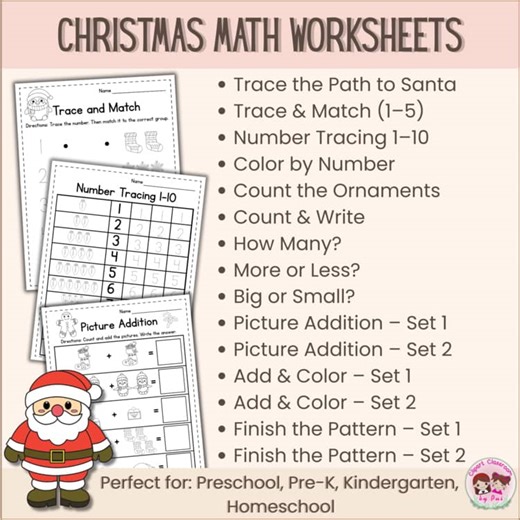 Christmas Math Worksheets for Kindergarten | 15 Pages | Counting, Tracing, Addit