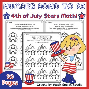 Number Bond to 20 – 4th of July Stars Math Worksheets | 1st & 2nd Grade