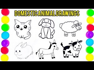EASY DOMESTIC ANIMALS DRAWING FOR KIDS, BEGINNERS WITH COLORING
