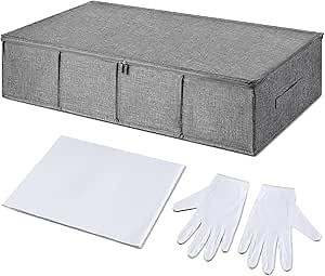 Glenmal Wedding Dress Preservation Box Kit Dress Storage Box with 1 Microfiber Gloves and 100 Sheets Acid Free Tissue Paper for Storage Wedding Clothing Gown(30 x 15.7 x 7 Inch,Gray, White)