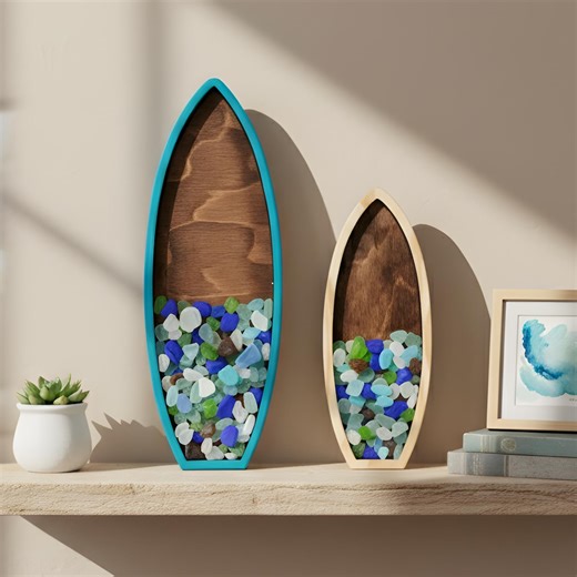 Surfboard Sea Glass Display Box: Coastal Decor Shadow Box - Etsy