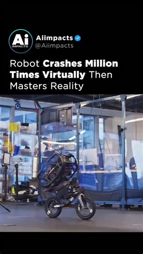 Artificial Intelligence (AI) | Business | Impacts on Instagram: "🤖 This robot crashed a million times so it wouldn’t crash once in real life. Scientists at the RAI Institute trained a bike-shaped robot to flip, jump stairs, and land perfectly… without writing a single move by hand. Instead, they dropped it into a simulation sandbox where it failed endlessly. Every virtual wipeout = smarter physics. Every crash = better balance. After 1,000,000 simulations, the robot stepped into the real world 