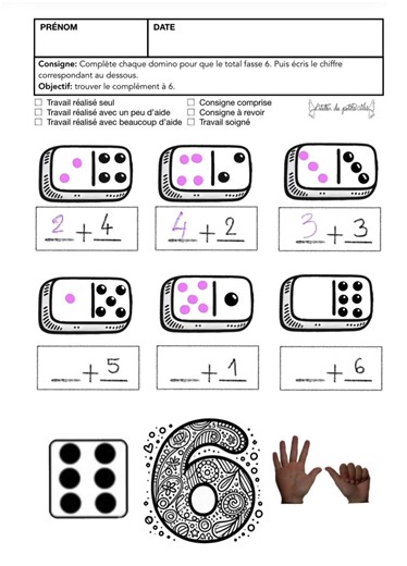 Une activité de mathématiques pour la grande section autour des compléments à 6. Les élèves travaillent la décomposition des nombres et les premières additions de manière visuelle et concrète. #GrandeSection #Maternelle #ProfDesEcoles #MathsMaternelle #AtelierDesPetitesAiles