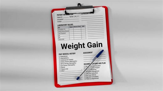 Medical clipboard with patient clinical form showing weight gain assessment and laboratory values. Healthcare documentation concept with physician notes and medical examination record.