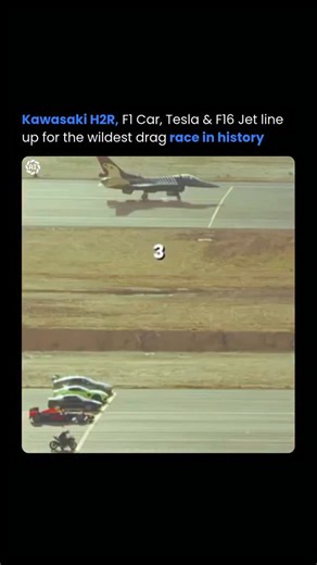 Your AI Start on Instagram: "Kawasaki H2R, F1 Car, Tesla, & F16 Jet line up for the wildest drag race in history. No rules, no fair start, just pure chaos on a 1-mile strip. The jet smokes everyone off the line in under 2 seconds, but the real madness is the first 400 meters — H2R screaming, F1 ripping gears, Tesla slamming torque, and the F-16 already gone. This isn’t a race. It’s a flex of human engineering at its most unhinged. Who you got? Follow @youraistart for more posts like this. Source